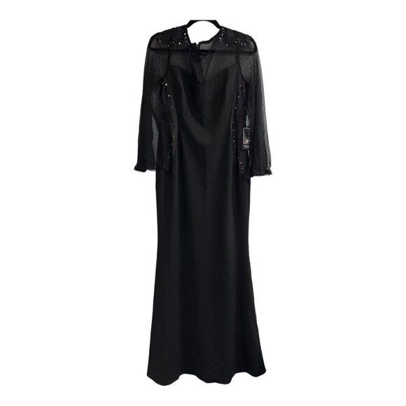 Adrianna Papell Womens 10 Crepe and Point D'esprit Gown Black Embroidered Sheer - Picture 1 of 9